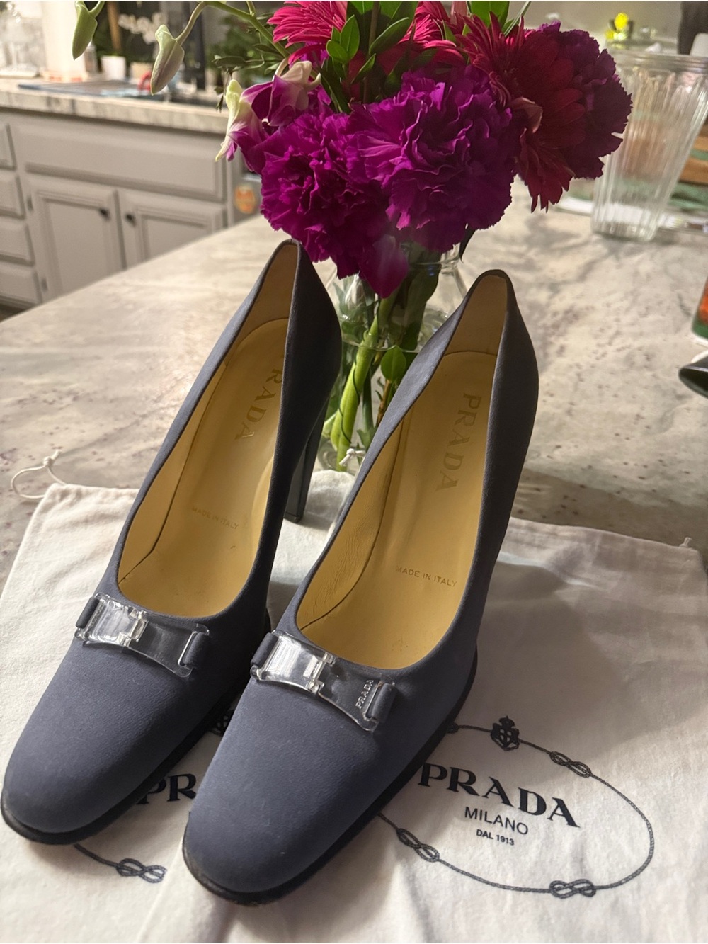 Prada Slate Po de Soie Satin Block-Heel Pumps - Picture 2 of 9